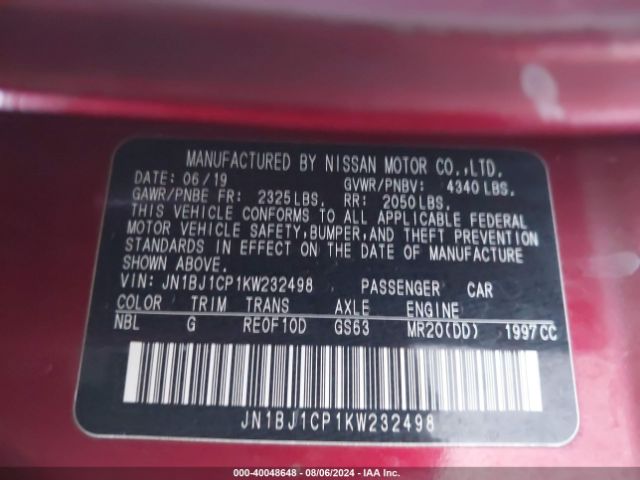 JN1BJ1CP1KW232498 Nissan Rogue Sport S