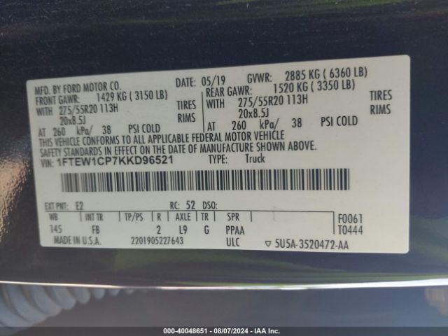 1FTEW1CP7KKD96521 Ford F-150 Xlt
