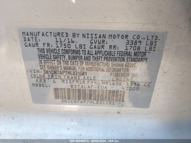3N1CN7AP7HL831581 Nissan Versa 1.6 S