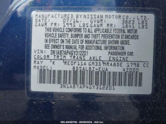 Nissan SENTRA S 2016 3N1AB7AP4GY312201 Image 9