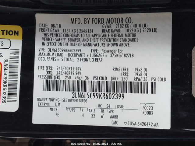 3LN6L5C99KR602399 Lincoln Mkz Reserve I