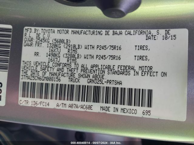3TMAZ5CN6GM008156 Toyota Tacoma Sr5 V6