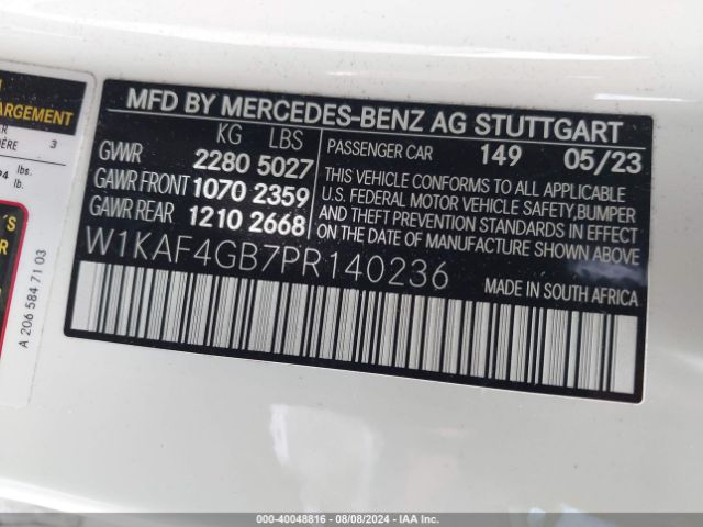 W1KAF4GB7PR140236 Mercedes-Benz C 300 Sedan