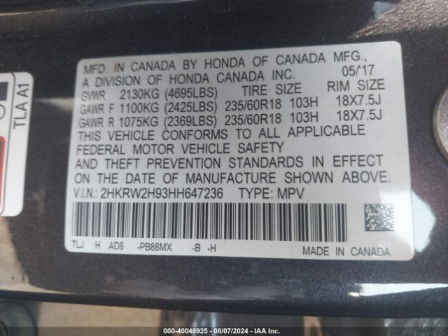 2HKRW2H93HH647236 Honda Cr-v Touring