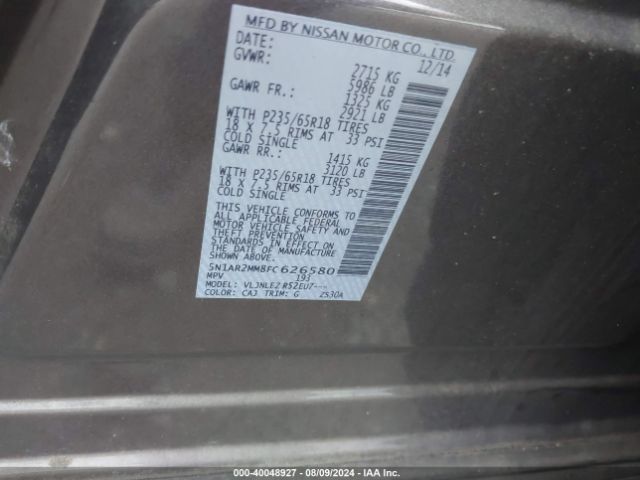 5N1AR2MM8FC626580 Nissan Pathfinder Sv