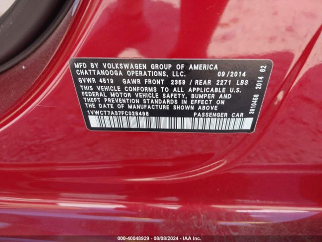 1VWCT7A37FC028498 Volkswagen Passat 1.8t Sel Premium