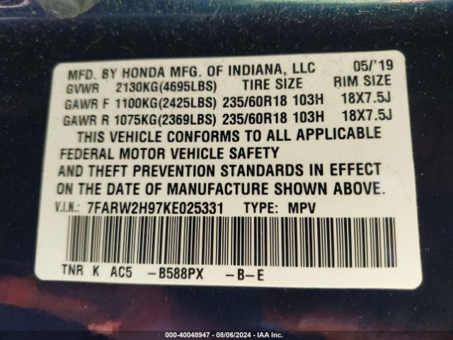 7FARW2H97KE025331 Honda Cr-v Touring