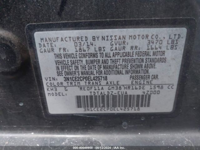 3N1CE2CP0EL425718 Nissan Versa Note Sv