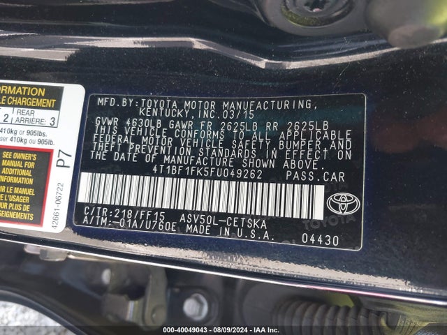 Toyota CAMRY SE 2015 4T1BF1FK5FU049262 Image 9