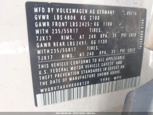 WVGRV7AX4HK006120 Volkswagen Tiguan 2.0t Wolfsburg Edition