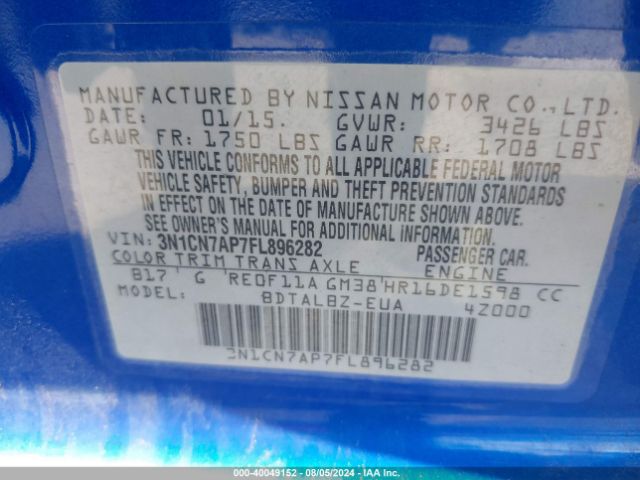 3N1CN7AP7FL896282 Nissan Versa 1.6 S/1.6 S+/1.6 Sl/1.6 Sv