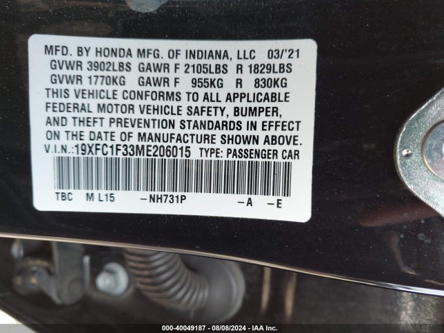 Honda CIVIC EX 2021 19XFC1F33ME206015 Image 9