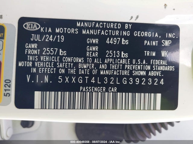 Продажа на аукционе авто 2020 Kia Optima Lx, vin: 5XXGT4L32LG392324, номер лота: 40049358