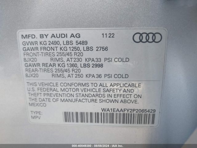 WA1EAAFY2P2065429 Audi Q5 Premium Plus 45 Tfsi S Line Quattro
