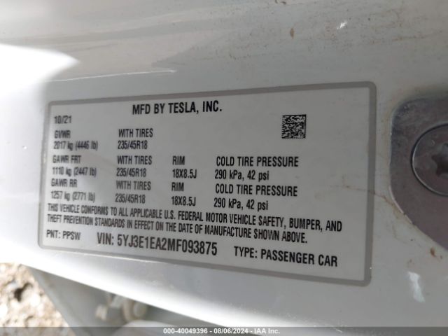 5YJ3E1EA2MF093875 Tesla Model 3 Standard Range Plus Rear-wheel Drive