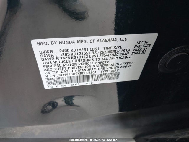 Honda Passport Touring 2019 5FNYF8H9XKB002264 Image 9