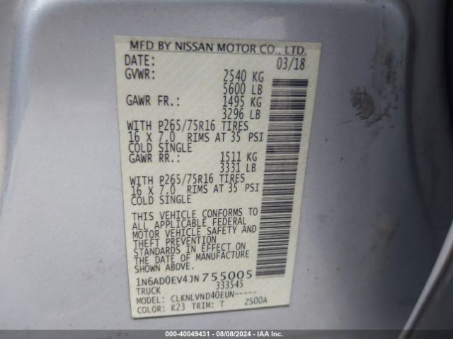 1N6AD0EV4JN755005 Nissan Frontier Pro-4x