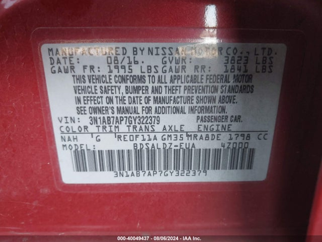 3N1AB7AP7GY322379 Nissan SENTRA SV