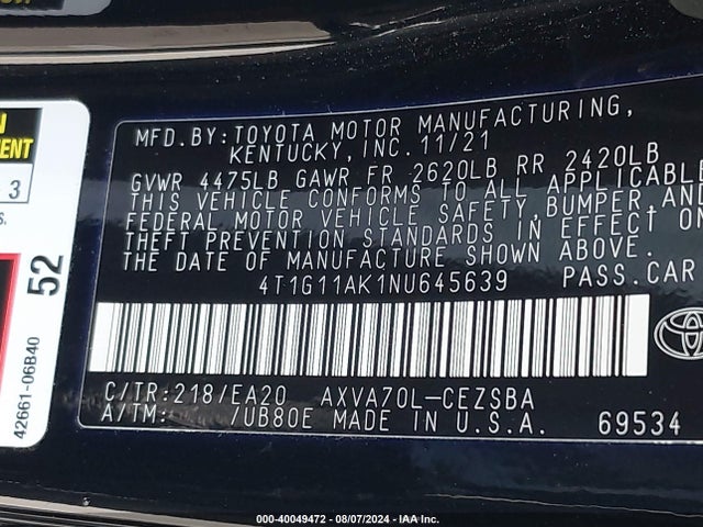 Toyota CAMRY SE 2022 4T1G11AK1NU645639 Image 9