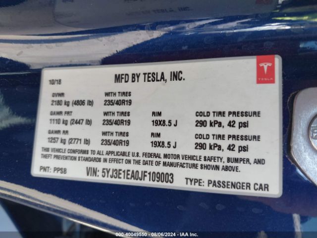 5YJ3E1EA0JF109003 Tesla Model 3 Long Range/mid Range