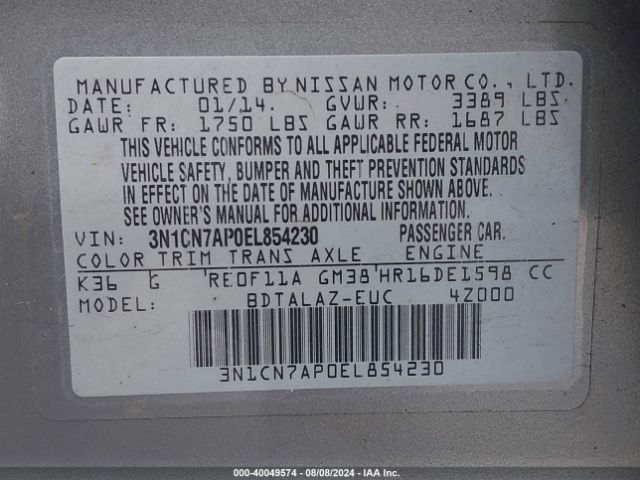 3N1CN7AP0EL854230 Nissan Versa 1.6 S+