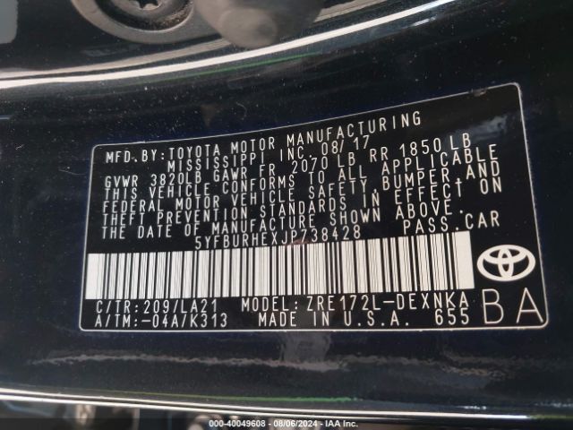 5YFBURHEXJP738428 Toyota Corolla Xle
