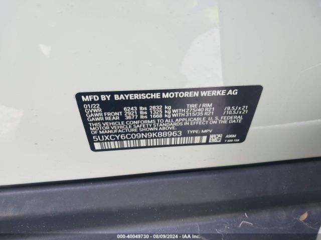 5UXCY6C09N9K88963 BMW X6 Xdrive40i