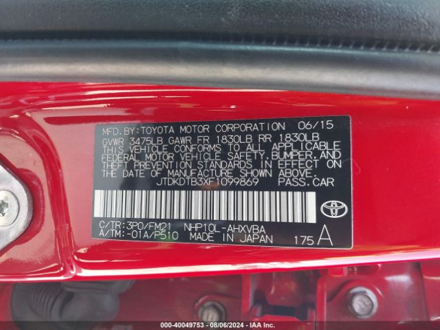 JTDKDTB3XF1099869 Toyota Prius C Two