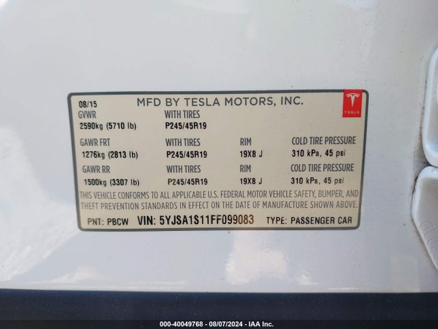 Tesla Model S 60/70/85 2015 5YJSA1S11FF099083 Image 9