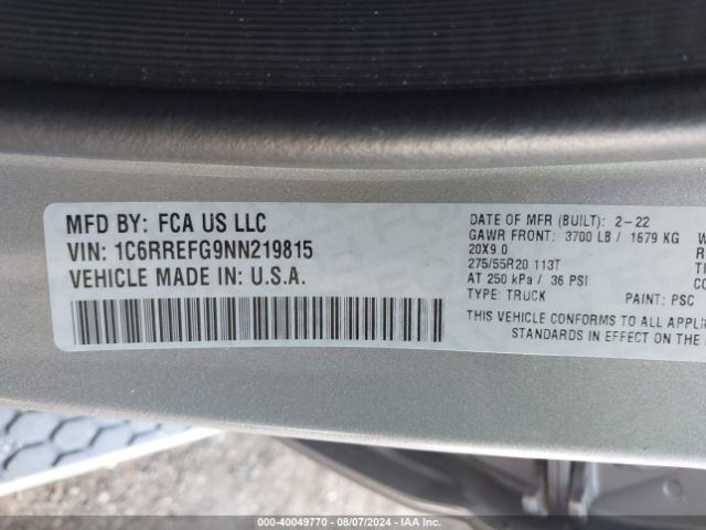 1C6RREFG9NN219815 RAM 1500 Big Horn  4x2 5'7 Box