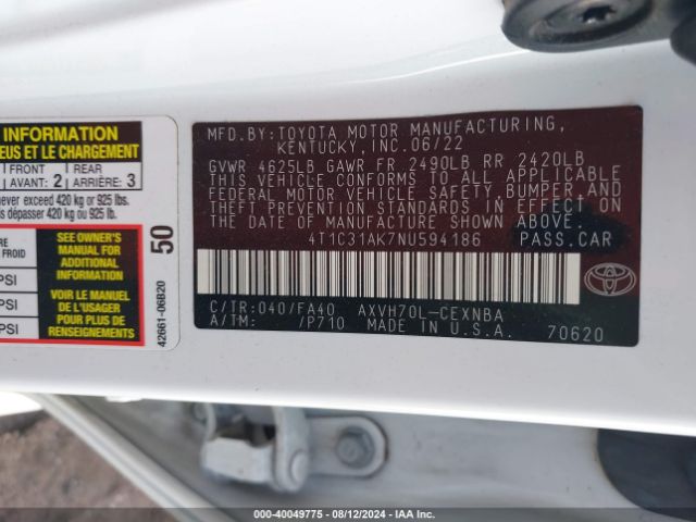 4T1C31AK7NU594186 Toyota Camry Le Hybrid
