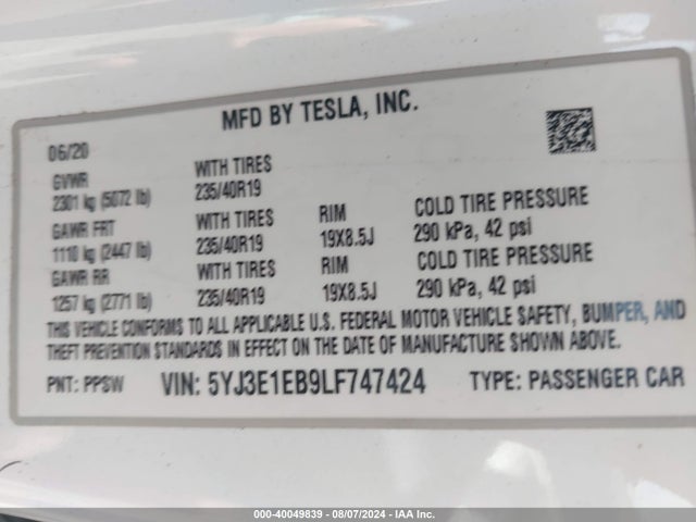 2020 TESLA MODEL 3 5YJ3E1EB9LF747424 Photo 8
