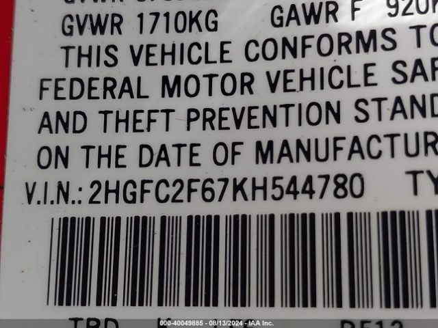 2HGFC2F67KH544780 Honda Civic Lx