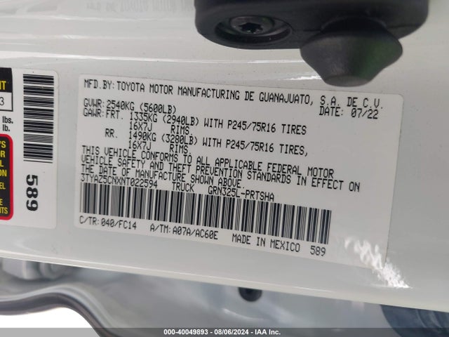 Toyota Tacoma Sr5 V6 2022 3TYAZ5CNXNT022594 Image 9