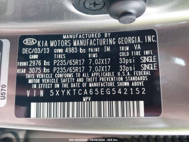 5XYKTCA65EG542152 KIA SORENTO LX