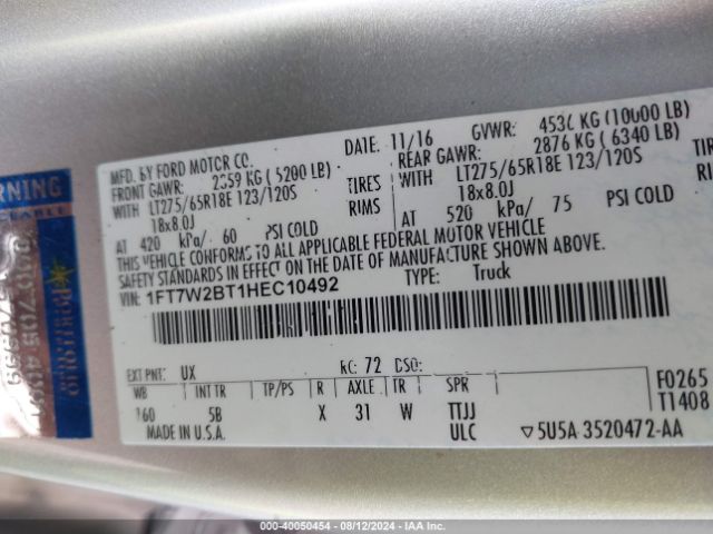 1FT7W2BT1HEC10492 Ford F-250 Lariat