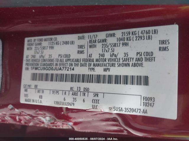 1FMCU9GD0JUA77214 Ford ESCAPE SE
