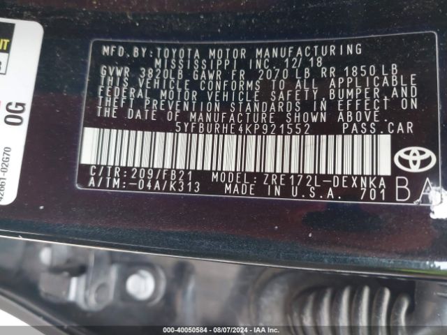 5YFBURHE4KP921552 Toyota COROLLA LE