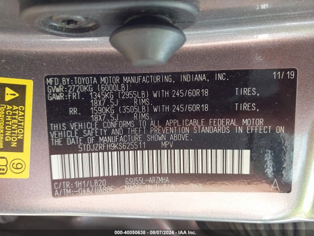 Toyota Highlander Xle 2019 5TDJZRFH9KS625511 Image 9