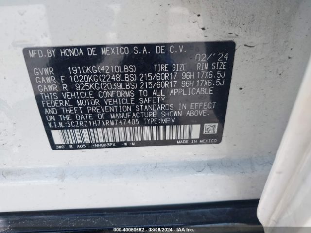 3CZRZ1H7XRM747405 Honda Hr-v 2wd Ex-l/2wd Ex-l W/o Bsi