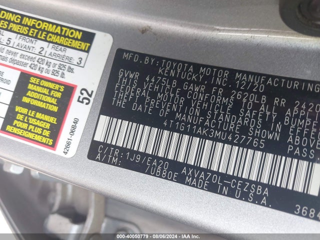 Toyota CAMRY SE 2021 4T1G11AK3MU427765 Image 9