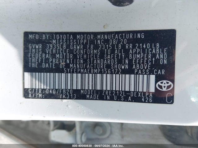 Toyota COROLLA LE 2021 5YFEPMAE8MP156172 Image 9