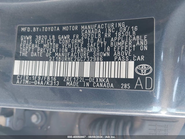 Aukcja sprzedaży 2016 Toyota Corolla Le, vin: 2T1BURHE2GC732986, numer aukcji: 40050867