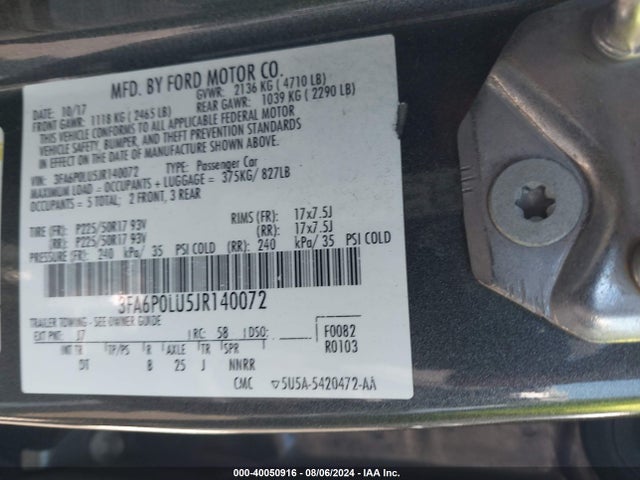 Ford Fusion Hybrid Se 2018 3FA6P0LU5JR140072 Image 9