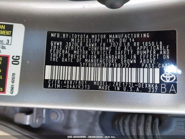 Toyota COROLLA LE 2015 5YFBURHE3FP189727 Image 9