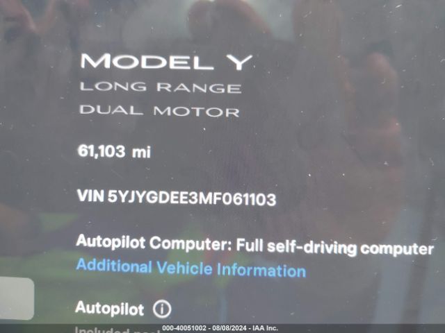 5YJYGDEE3MF061103 Tesla Model Y Long Range Dual Motor All-wheel Drive