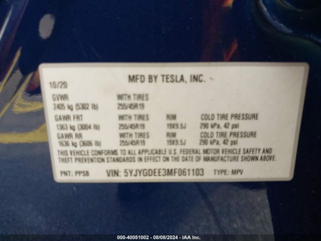 5YJYGDEE3MF061103 Tesla Model Y Long Range Dual Motor All-wheel Drive