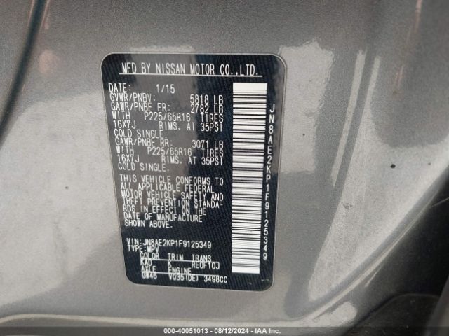 JN8AE2KP1F9125349 Nissan Quest Sv