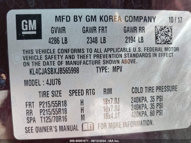 Aukcja sprzedaży 2018 Buick Encore Preferred, vin: KL4CJASBXJB565998, numer aukcji: 40051071