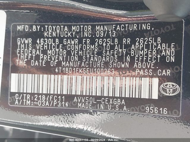 4T1BD1FK5EU100263 Toyota Camry Hybrid Xle